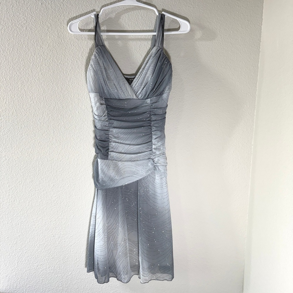 XOXO Y2K Grey Ombre Glitter Ruched Mesh Cocktail Dress Large RUNS SMALL HAS FLAW